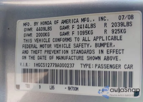 2009 Honda Accord 2.4 Ex from USA, damaged, VIN 1HGCS12779A000237